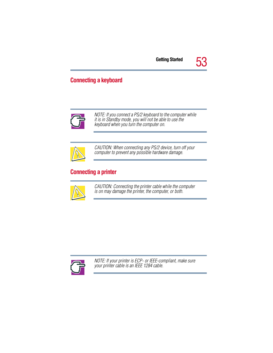 Connecting a keyboard, Connecting a printer, Connecting a keyboard connecting a printer | Connecting a printer” on | Toshiba 1805 User Manual | Page 53 / 261