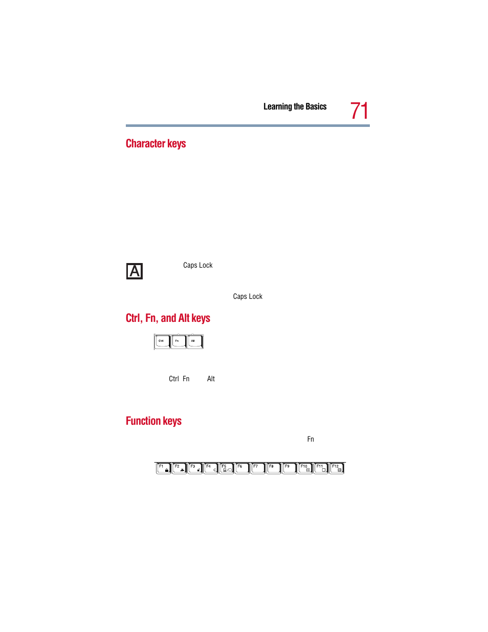Character keys, Ctrl, fn, and alt keys, Function keys | Toshiba 1805 User Manual | Page 71 / 261