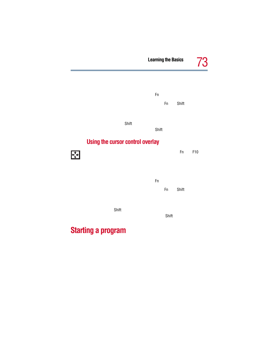 Starting a program, Using the cursor control overlay” on, Using the cursor control overlay | Toshiba 1805 User Manual | Page 73 / 261
