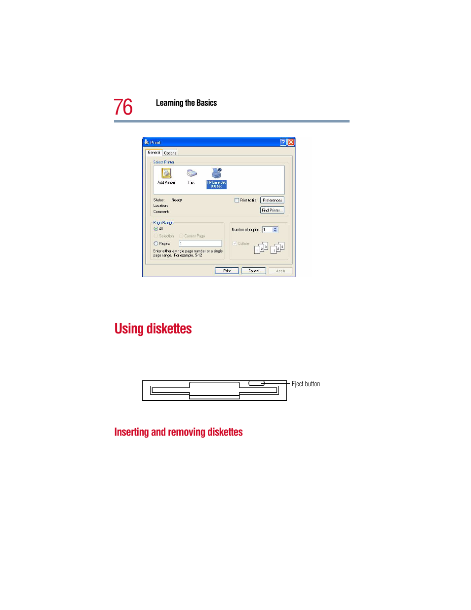 Using diskettes, Inserting and removing diskettes, Using | Toshiba 1805 User Manual | Page 76 / 261