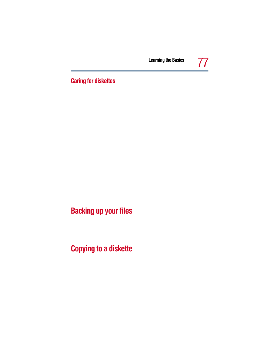 Caring for diskettes, Backing up your files, Copying to a diskette | Backing up your files copying to a diskette | Toshiba 1805 User Manual | Page 77 / 261