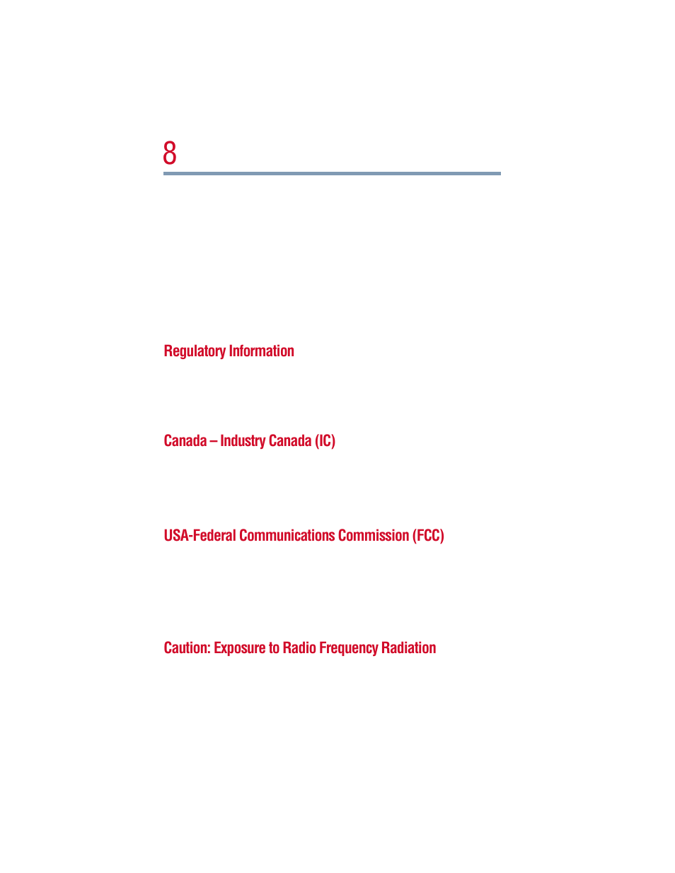 Regulatory information, Canada – industry canada (ic), Usa-federal communications commission (fcc) | Caution: exposure to radio frequency radiation | Toshiba 1805 User Manual | Page 8 / 261