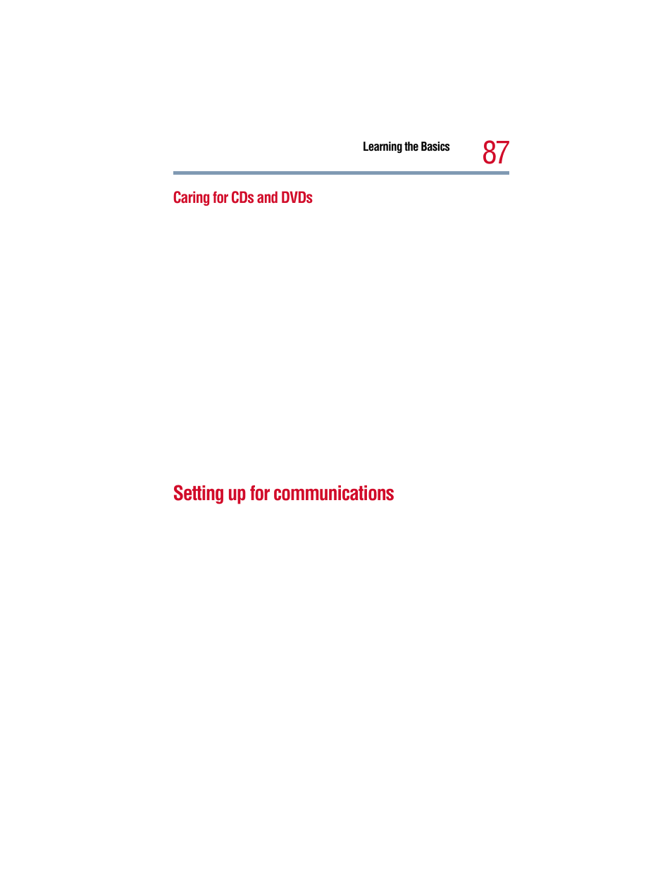 Caring for cds and dvds, Setting up for communications | Toshiba 1805 User Manual | Page 87 / 261