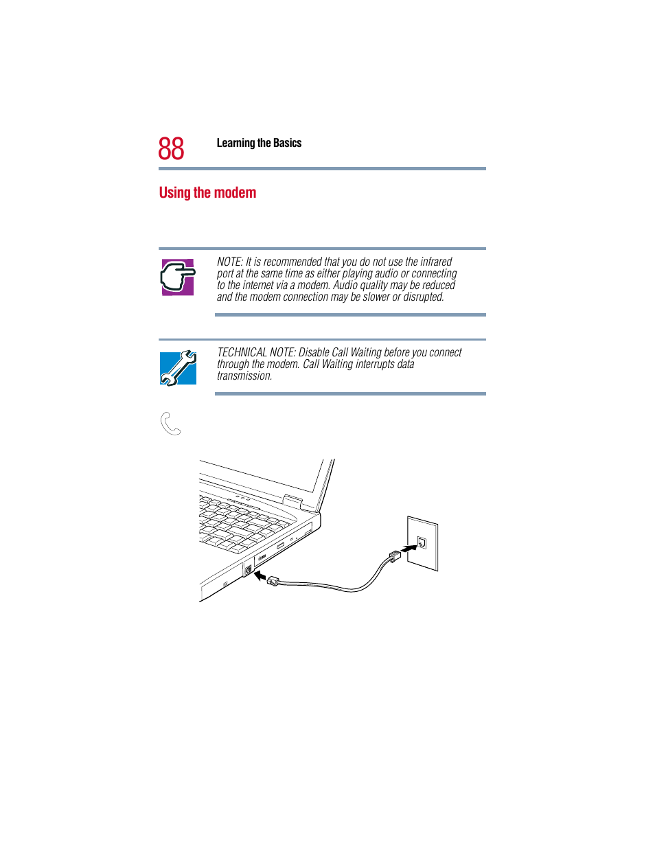 Using the modem | Toshiba 1805 User Manual | Page 88 / 261
