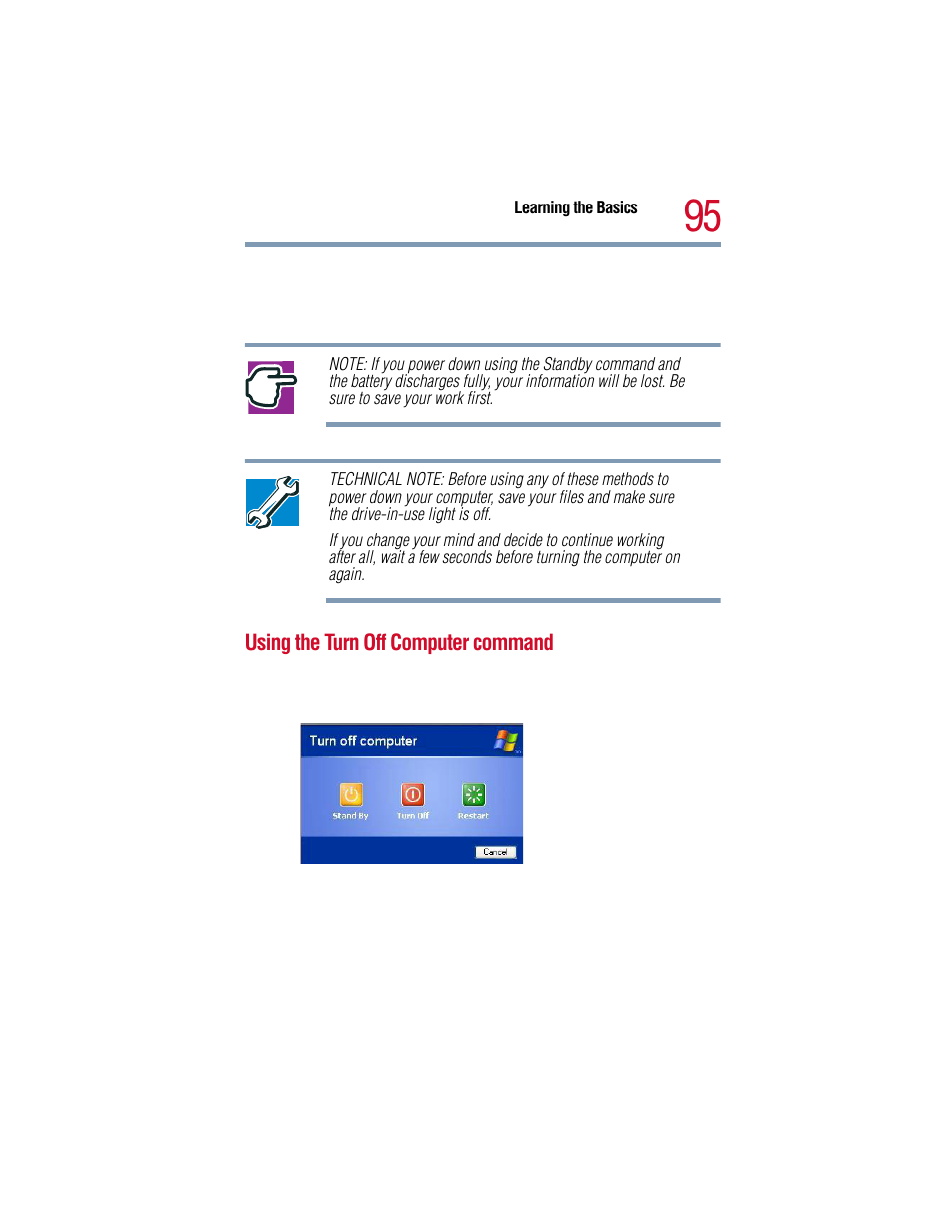 Using the turn off computer command | Toshiba 1805 User Manual | Page 95 / 261