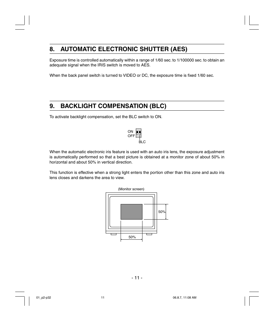 Automatic electronic shutter (aes), Backlight compensation (blc) | Toshiba IK-6410A User Manual | Page 11 / 16
