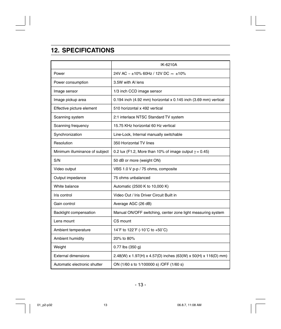 Specifications | Toshiba IK-6410A User Manual | Page 13 / 16