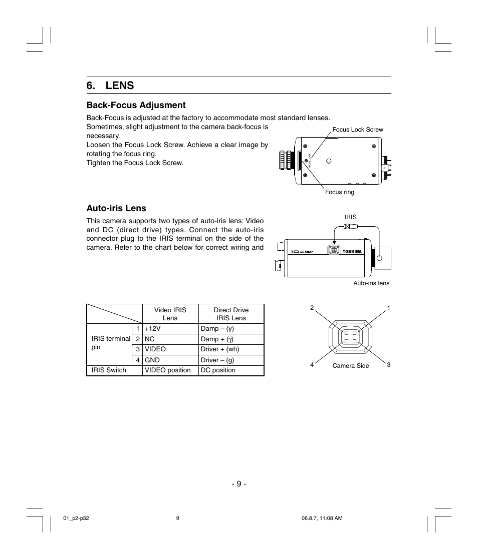 Lens, Back-focus adjusment, Auto-iris lens | Toshiba IK-6410A User Manual | Page 9 / 16