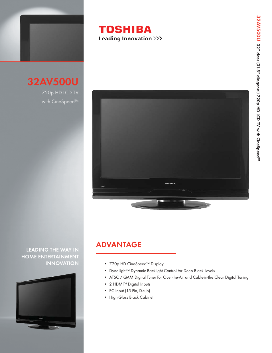 Toshiba 32AV500U User Manual | 2 pages