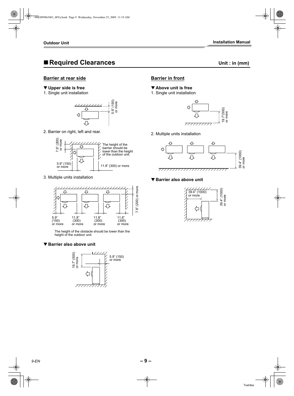 Required clearances, Unit : in (mm) barrier at rear side, Barrier in front | Toshiba CARRIER RAV-SP240AT2-UL User Manual | Page 10 / 24