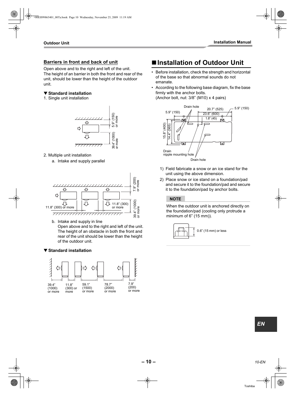 Installation of outdoor unit, Barriers in front and back of unit | Toshiba CARRIER RAV-SP240AT2-UL User Manual | Page 11 / 24