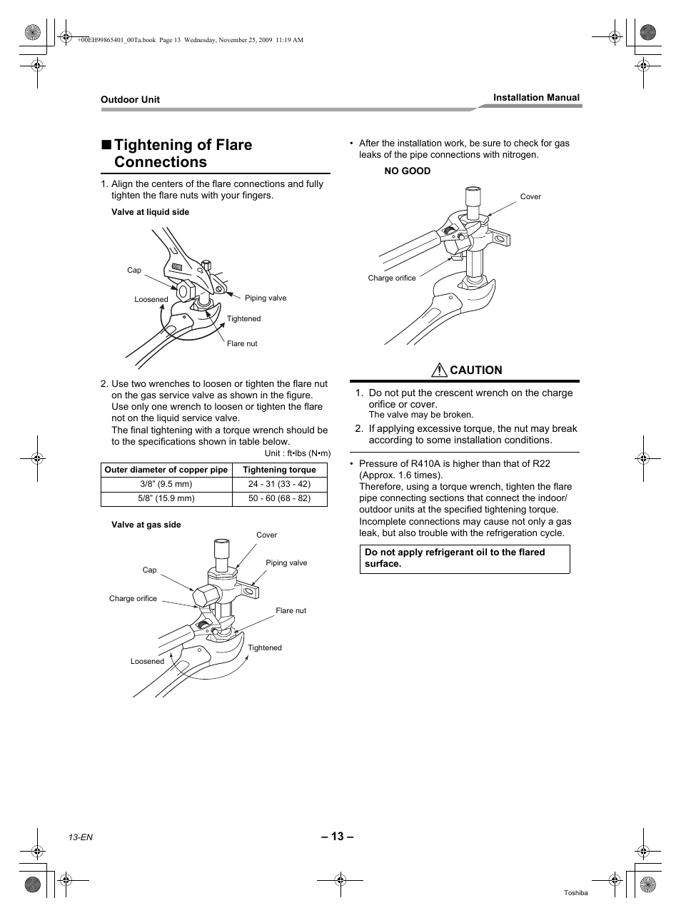 Tightening of flare connections, Caution | Toshiba CARRIER RAV-SP240AT2-UL User Manual | Page 14 / 24