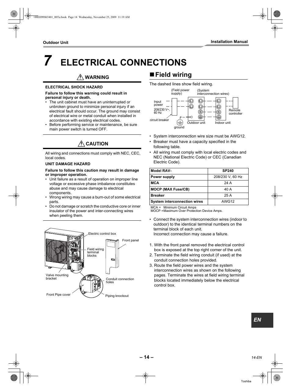 Electrical connections, Field wiring, Warning | Caution | Toshiba CARRIER RAV-SP240AT2-UL User Manual | Page 15 / 24
