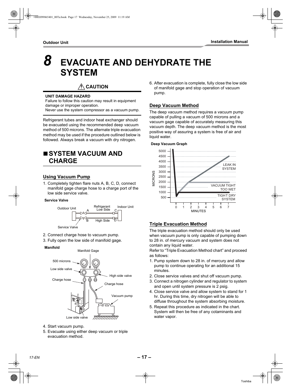 Evacuate and dehydrate the system, System vacuum and charge, Caution | Toshiba CARRIER RAV-SP240AT2-UL User Manual | Page 18 / 24