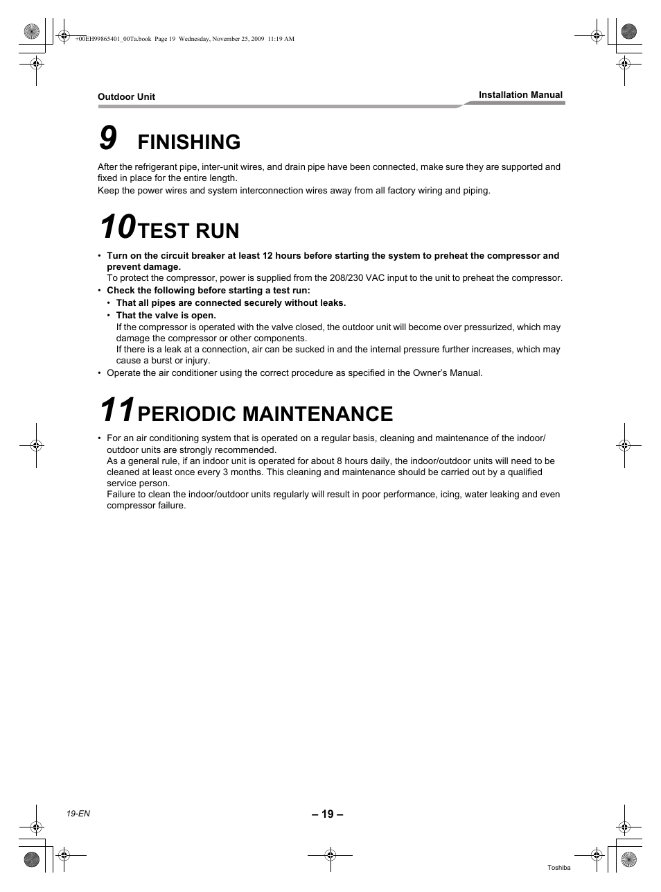 Finishing, Test run, Periodic maintenance | Toshiba CARRIER RAV-SP240AT2-UL User Manual | Page 20 / 24