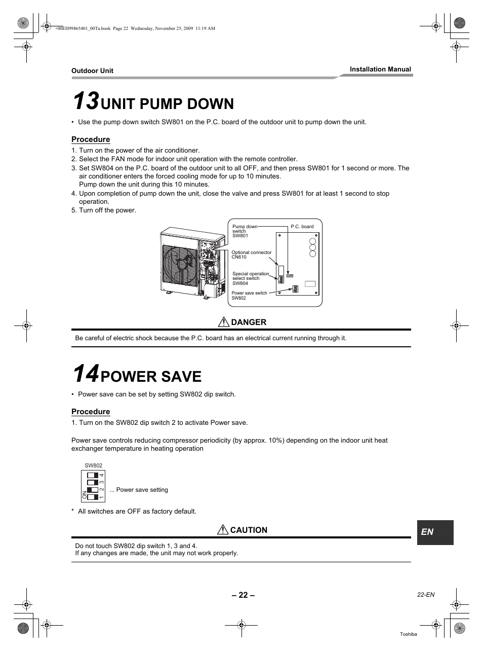 Unit pump down, Power save | Toshiba CARRIER RAV-SP240AT2-UL User Manual | Page 23 / 24
