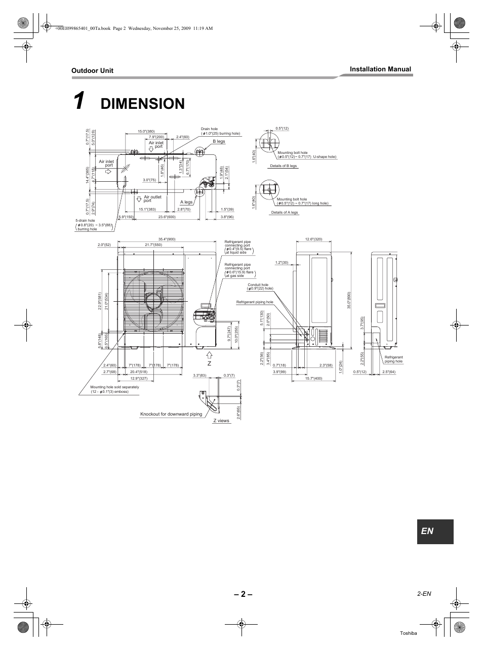 Dimension, Outdoor unit installation manual | Toshiba CARRIER RAV-SP240AT2-UL User Manual | Page 3 / 24