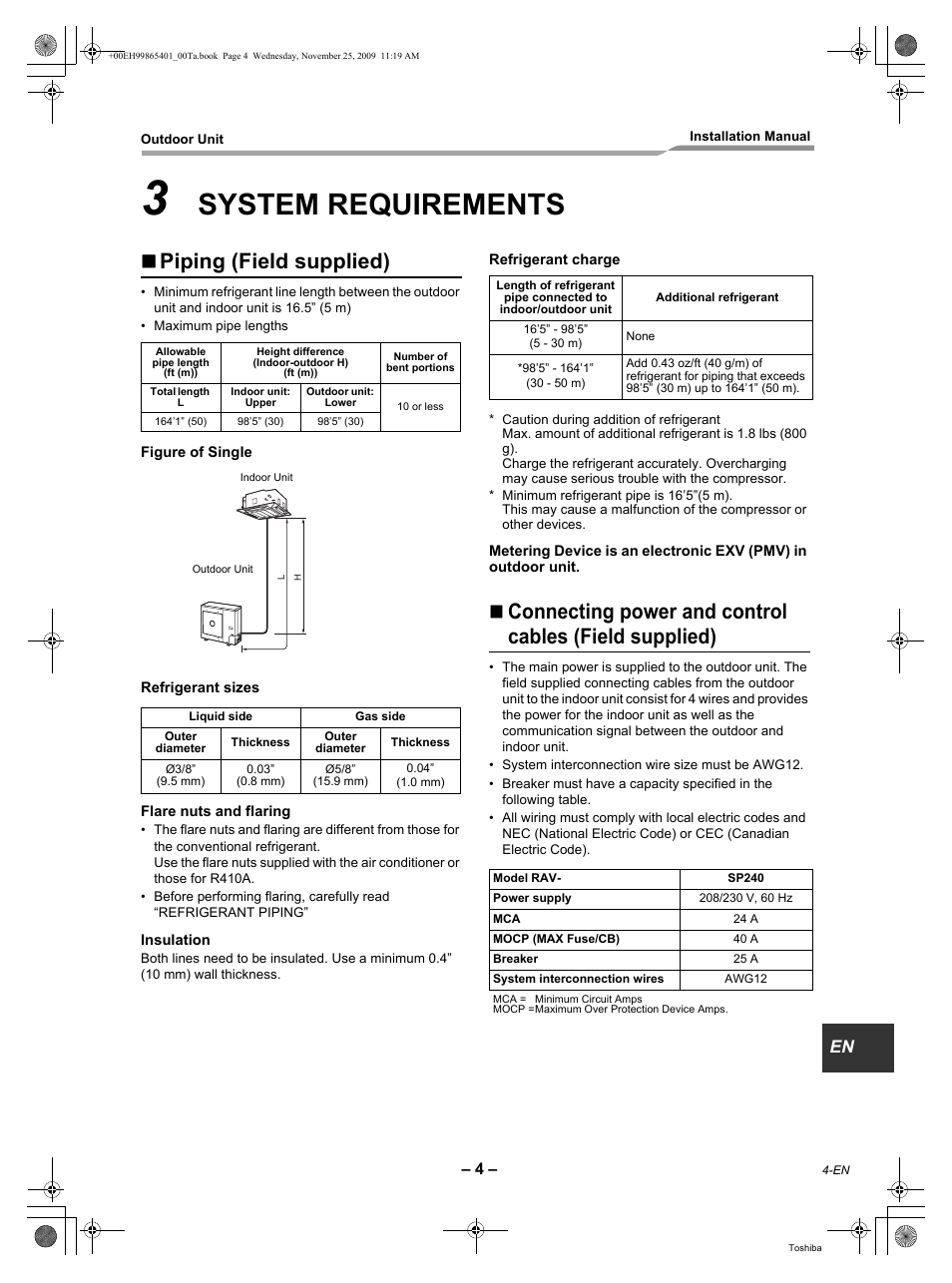 System requirements, Piping (field supplied) | Toshiba CARRIER RAV-SP240AT2-UL User Manual | Page 5 / 24