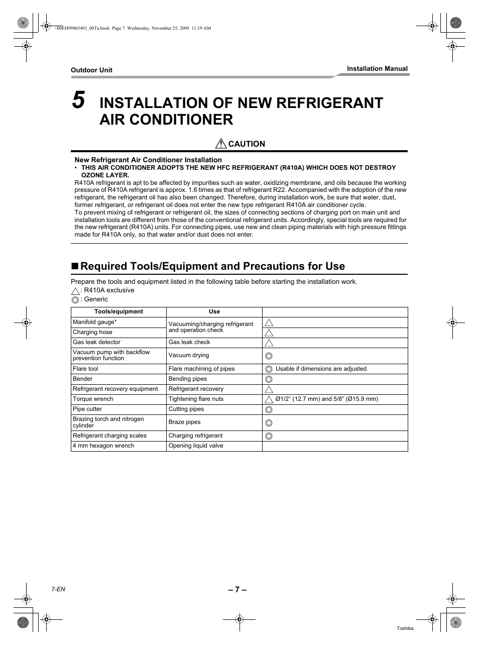 Installation of new refrigerant air conditioner, Required tools/equipment and precautions for use | Toshiba CARRIER RAV-SP240AT2-UL User Manual | Page 8 / 24