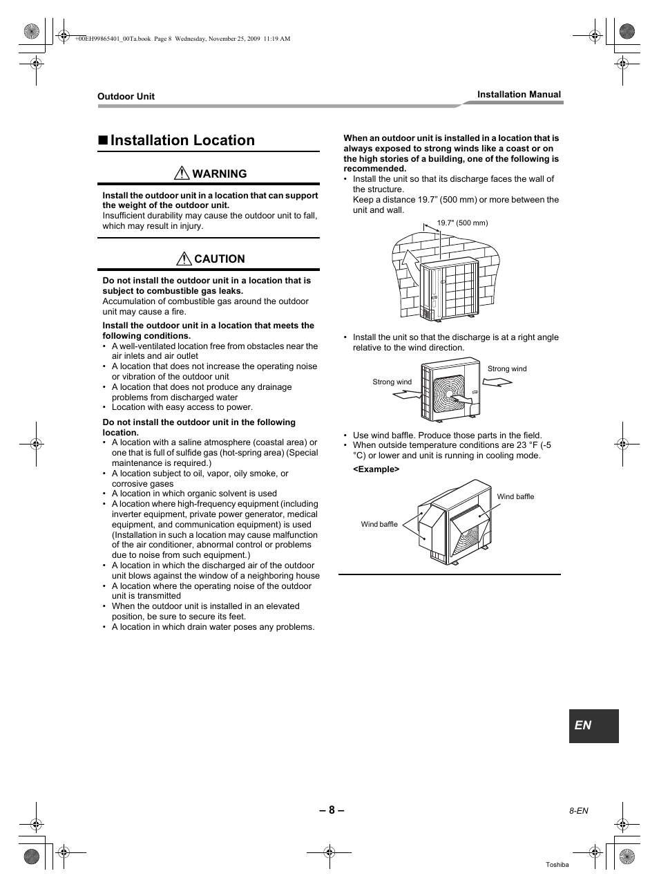 Installation location, Warning, Caution | Toshiba CARRIER RAV-SP240AT2-UL User Manual | Page 9 / 24