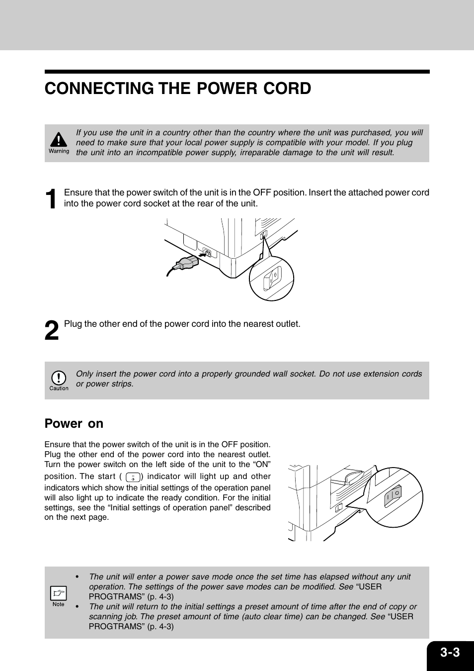 Connecting the power cord, Power on | Toshiba 120/150 User Manual | Page 26 / 94