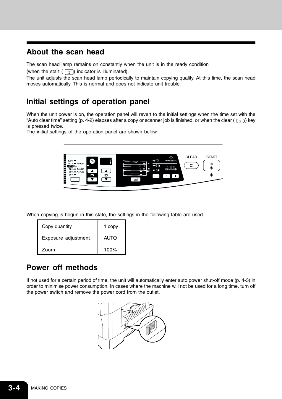 About the scan head, Initial settings of operation panel, Power off methods | Toshiba 120/150 User Manual | Page 27 / 94