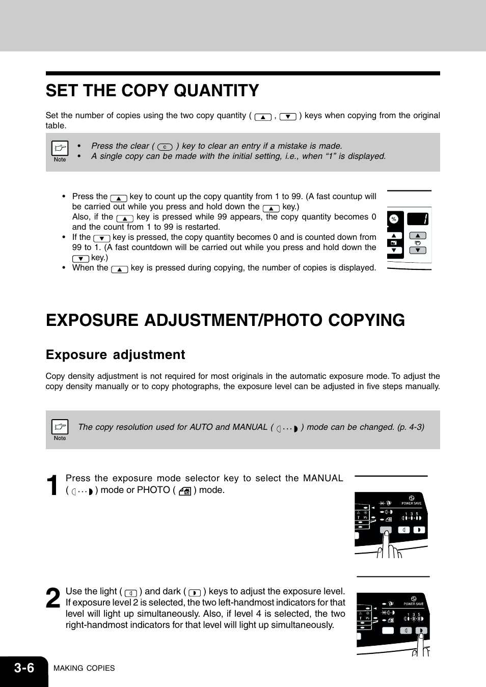 Set the copy quantity, Exposure adjustment/photo copying, Exposure adjustment | Toshiba 120/150 User Manual | Page 29 / 94