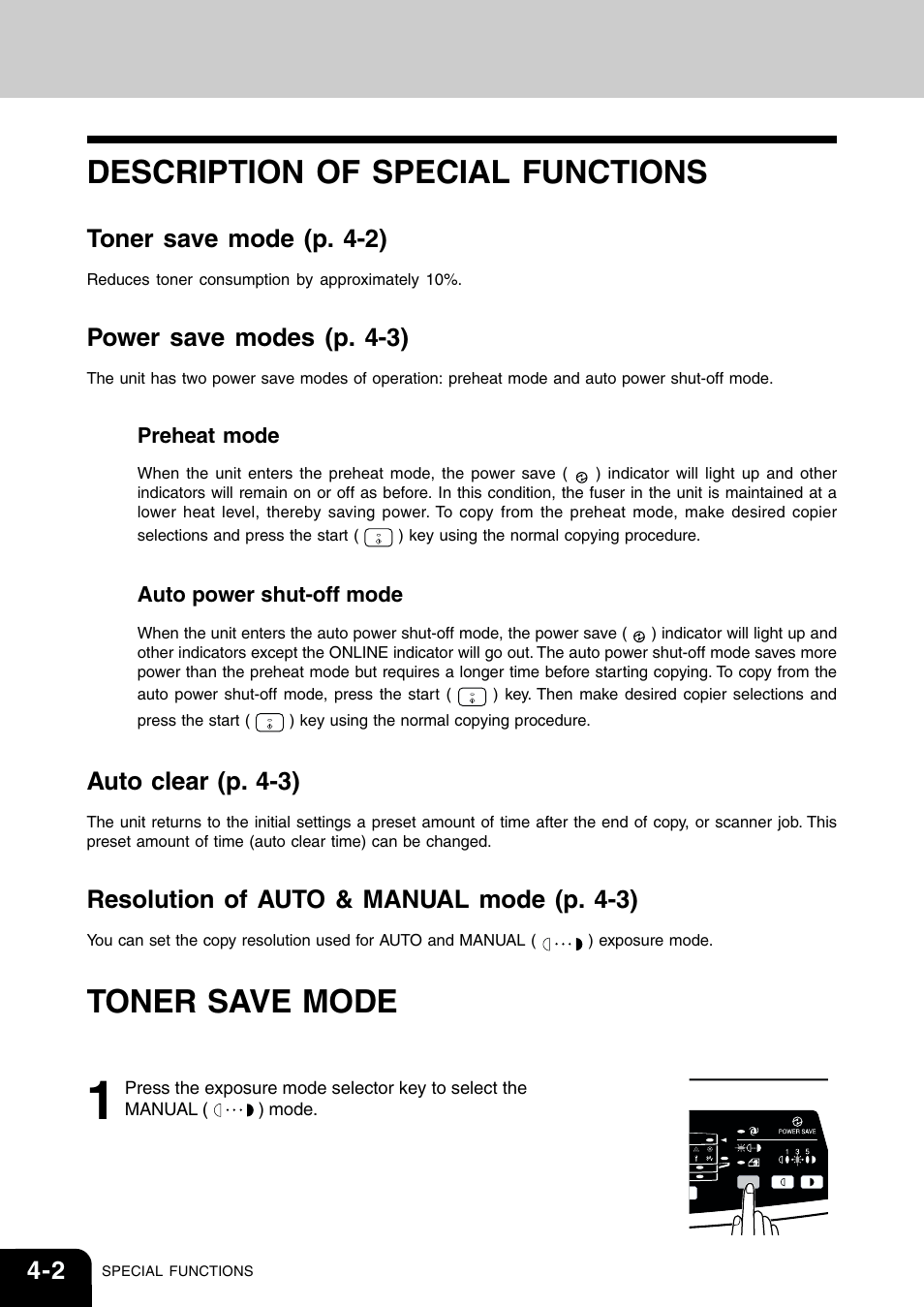 Description of special functions, Toner save mode, Toner save mode (p. 4-2) | Power save modes (p. 4-3), Auto clear (p. 4-3), Resolution of auto & manual mode (p. 4-3) | Toshiba 120/150 User Manual | Page 35 / 94