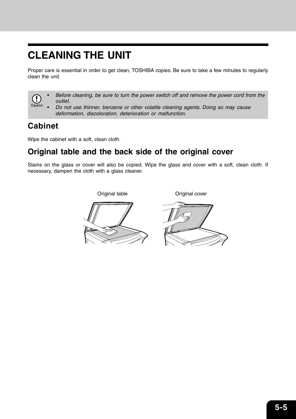Cleaning the unit, Cabinet | Toshiba 120/150 User Manual | Page 42 / 94