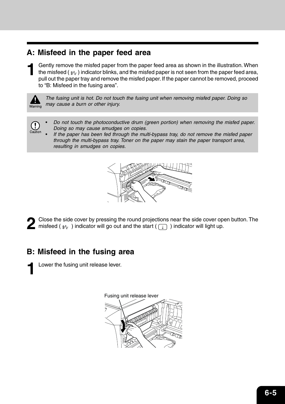 5 a: misfeed in the paper feed area, B: misfeed in the fusing area | Toshiba 120/150 User Manual | Page 48 / 94