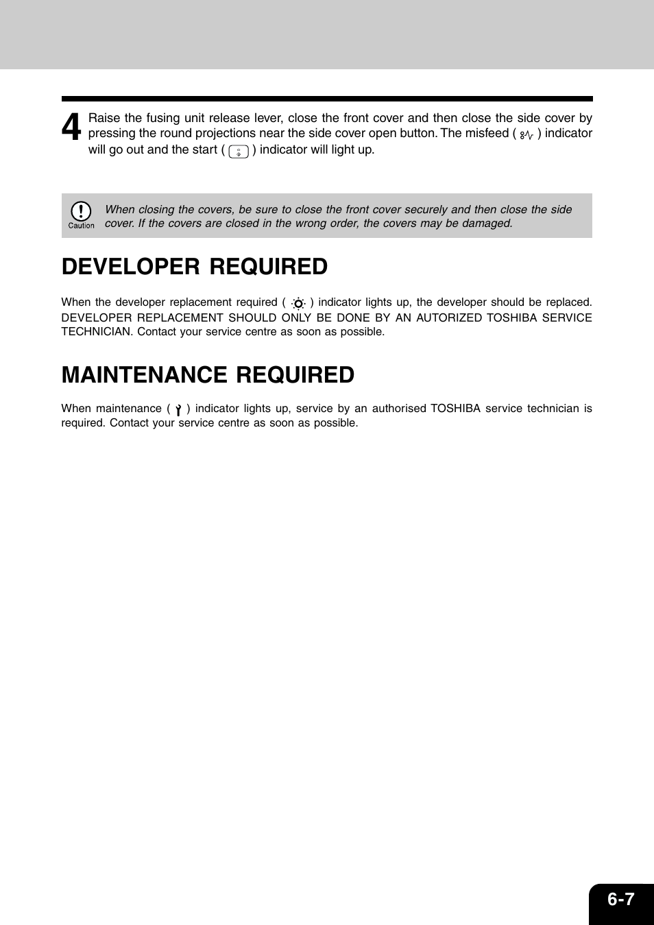 Developer required, Maintenance required | Toshiba 120/150 User Manual | Page 50 / 94