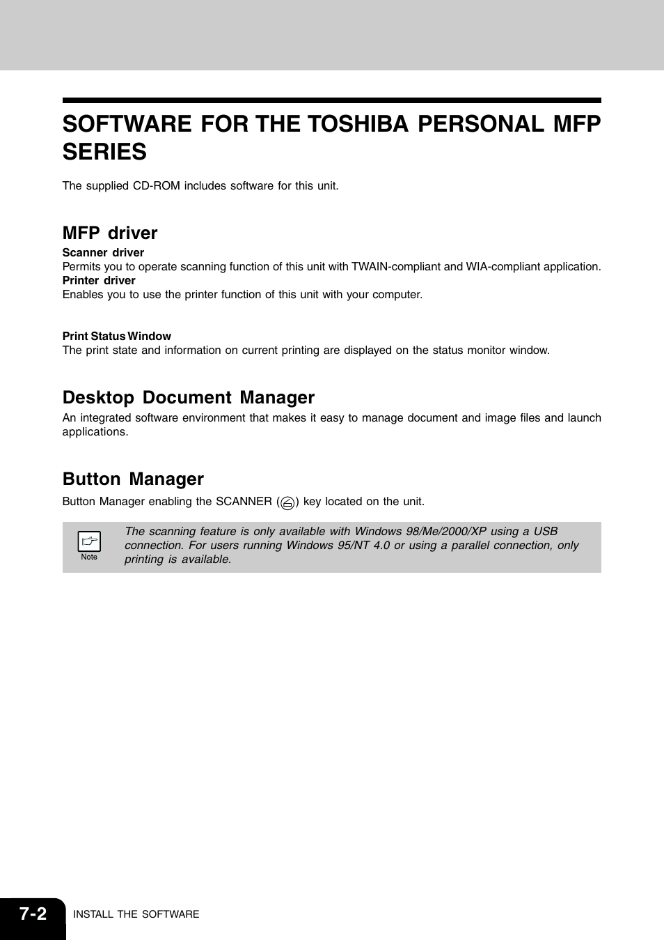 Software for the toshiba personal mfp series, Mfp driver, Desktop document manager | Button manager | Toshiba 120/150 User Manual | Page 53 / 94