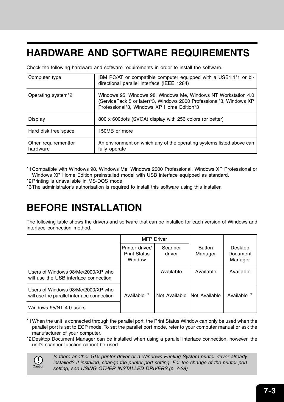 Hardware and software requirements, Before installation | Toshiba 120/150 User Manual | Page 54 / 94