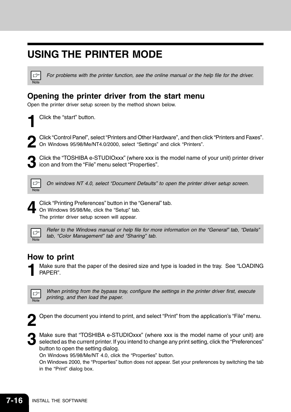 Using the printer mode | Toshiba 120/150 User Manual | Page 67 / 94