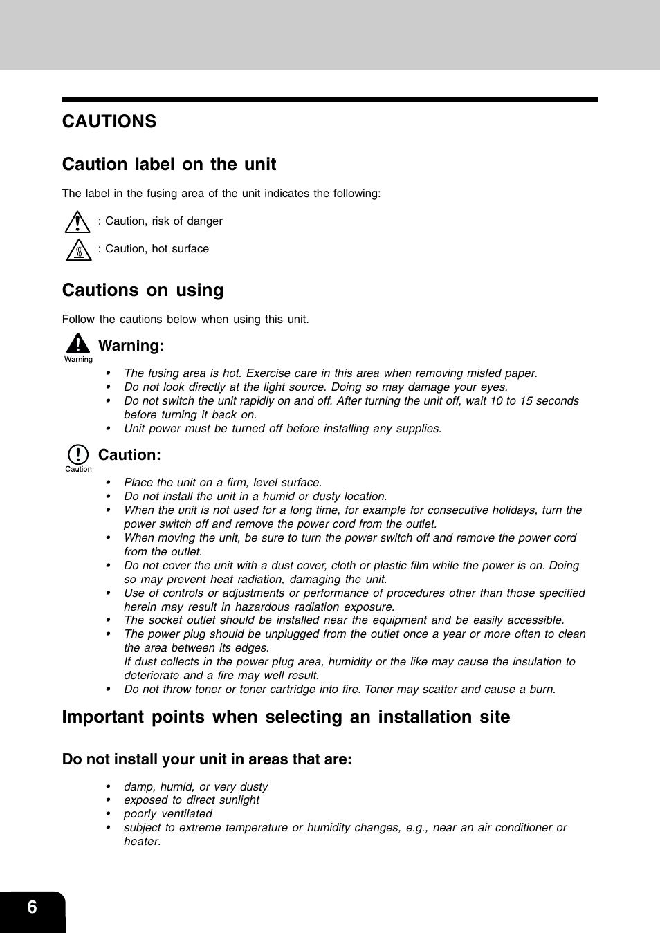 6cautions caution label on the unit, Cautions on using, Warning | Caution, Do not install your unit in areas that are | Toshiba 120/150 User Manual | Page 7 / 94