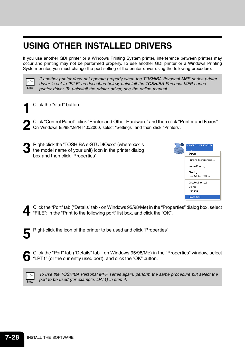 Using other installed drivers | Toshiba 120/150 User Manual | Page 79 / 94