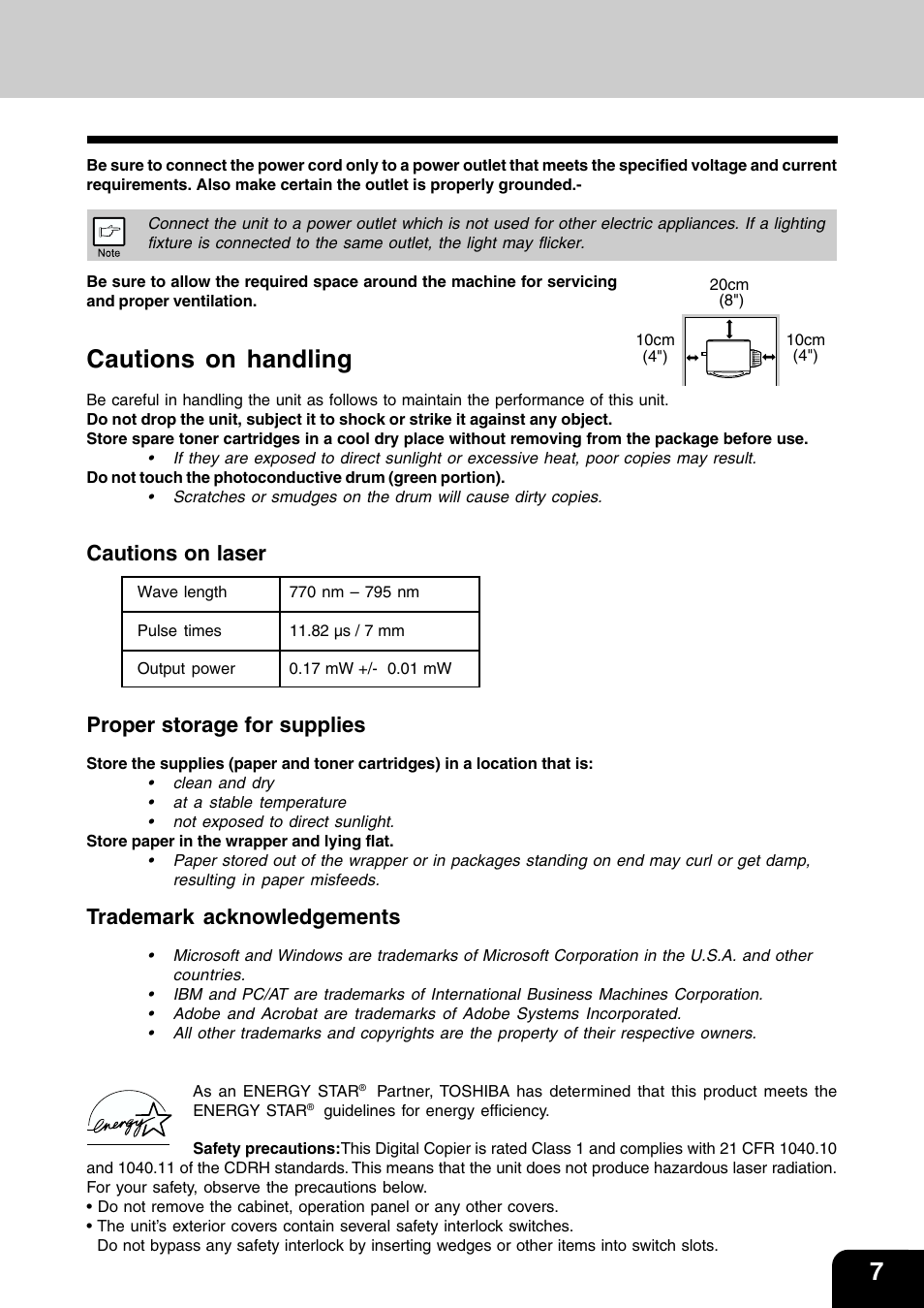 Cautions on handling, Cautions on laser, Proper storage for supplies | Trademark acknowledgements | Toshiba 120/150 User Manual | Page 8 / 94