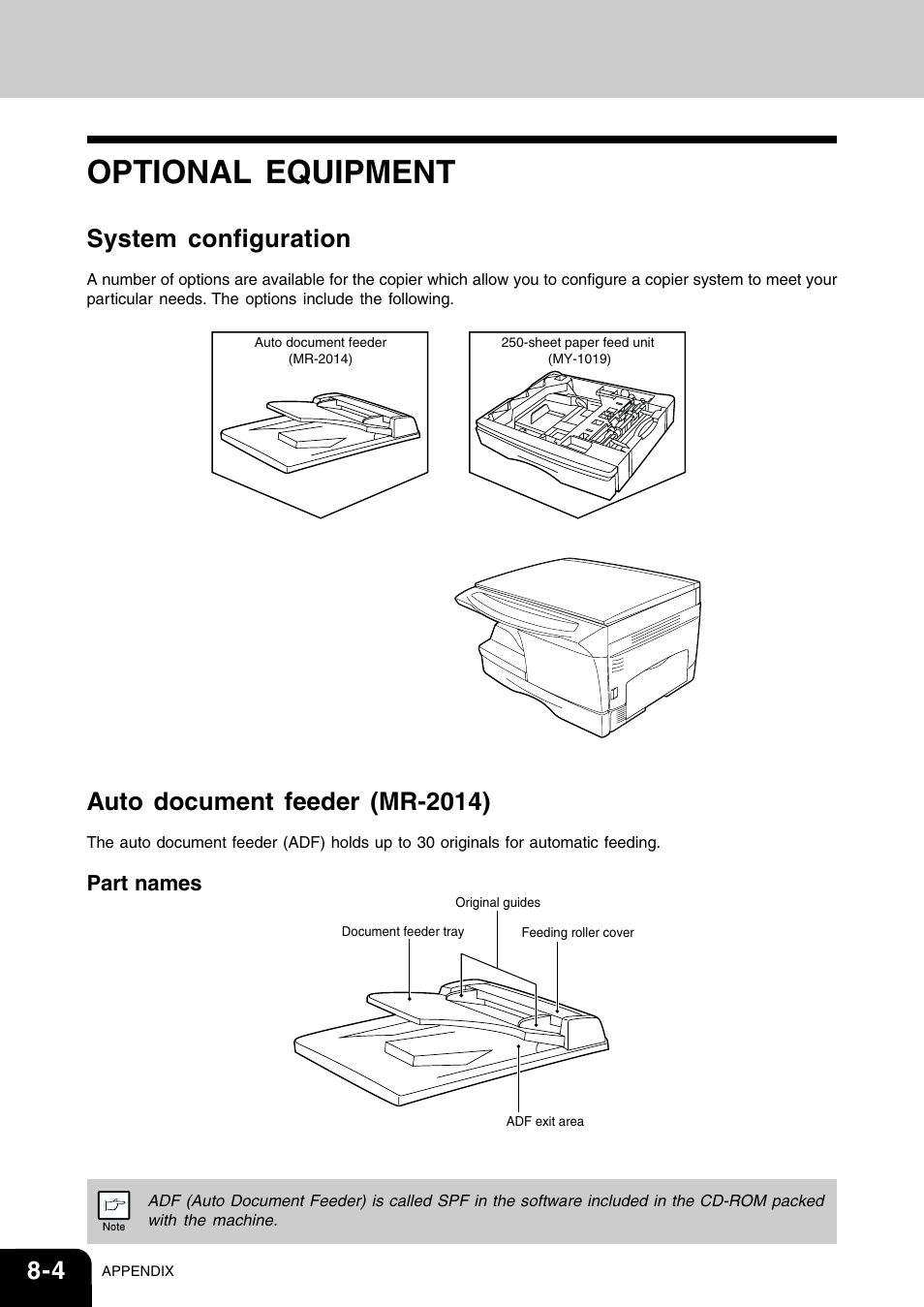 Optional equipment, System configuration, Auto document feeder (mr-2014) | Part names | Toshiba 120/150 User Manual | Page 85 / 94