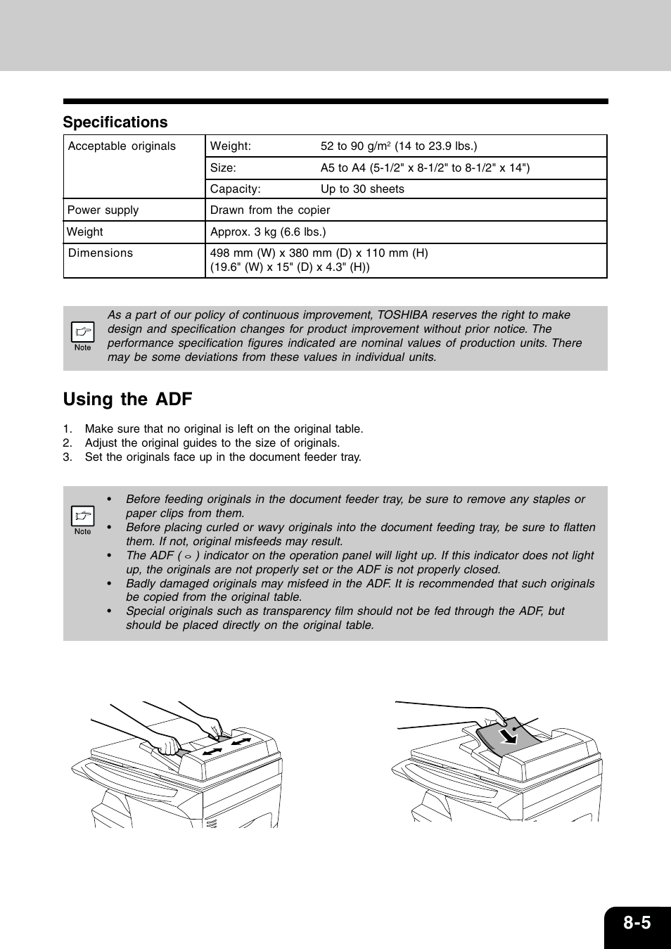 Using the adf, Specifications | Toshiba 120/150 User Manual | Page 86 / 94