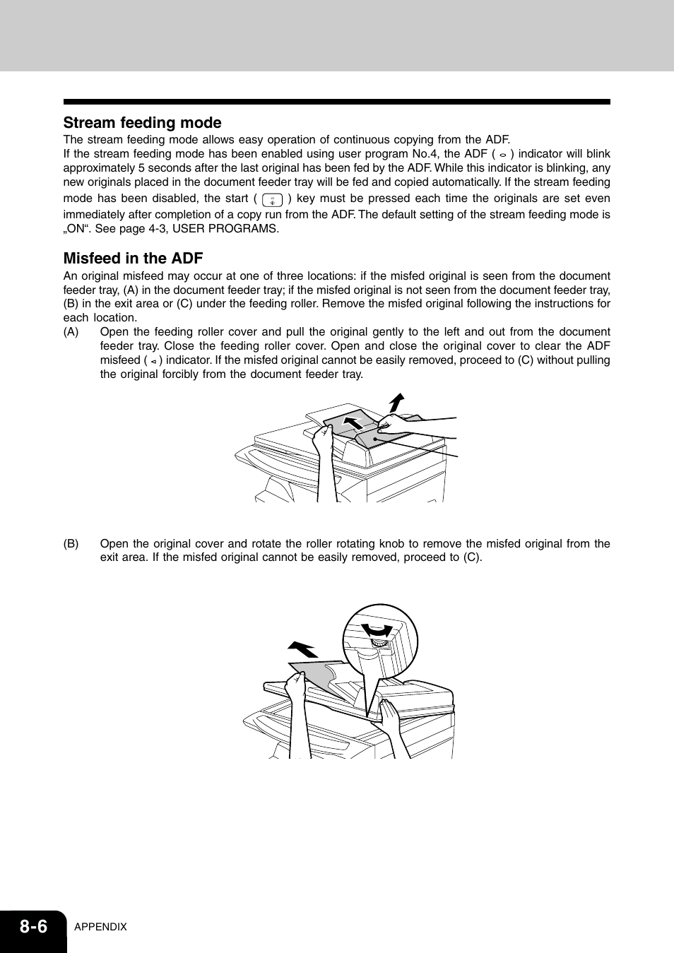 Stream feeding mode, Misfeed in the adf | Toshiba 120/150 User Manual | Page 87 / 94