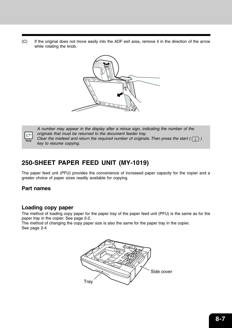 Sheet paper feed unit (my-1019), Part names loading copy paper | Toshiba 120/150 User Manual | Page 88 / 94