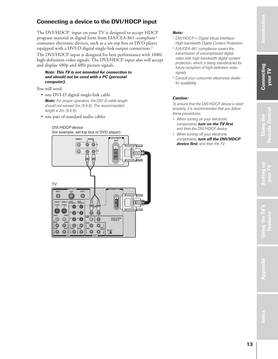 Connecting a device to the dvi/hdcp input, The dvi/hdcp, One pair of standard audio cables | Toshiba 32HF73 User Manual | Page 13 / 59