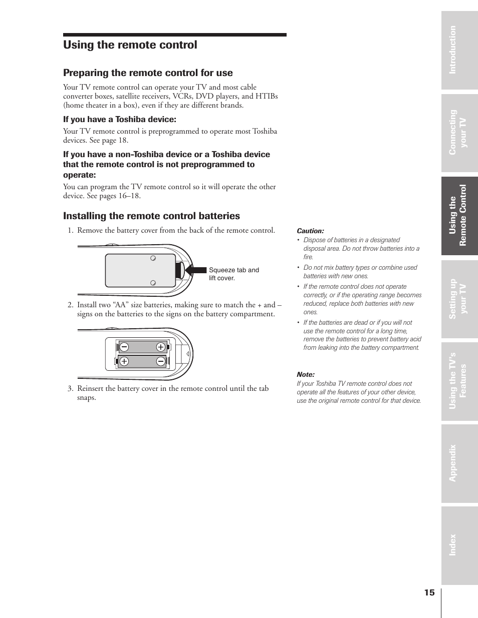 Using the remote control, Preparing the remote control for use, Installing the remote control batteries | Toshiba 32HF73 User Manual | Page 15 / 59