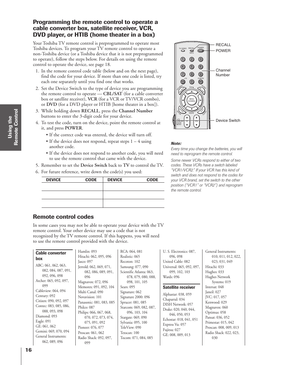 Remote control codes, Cable converter box, Satellite receiver | Toshiba 32HF73 User Manual | Page 16 / 59