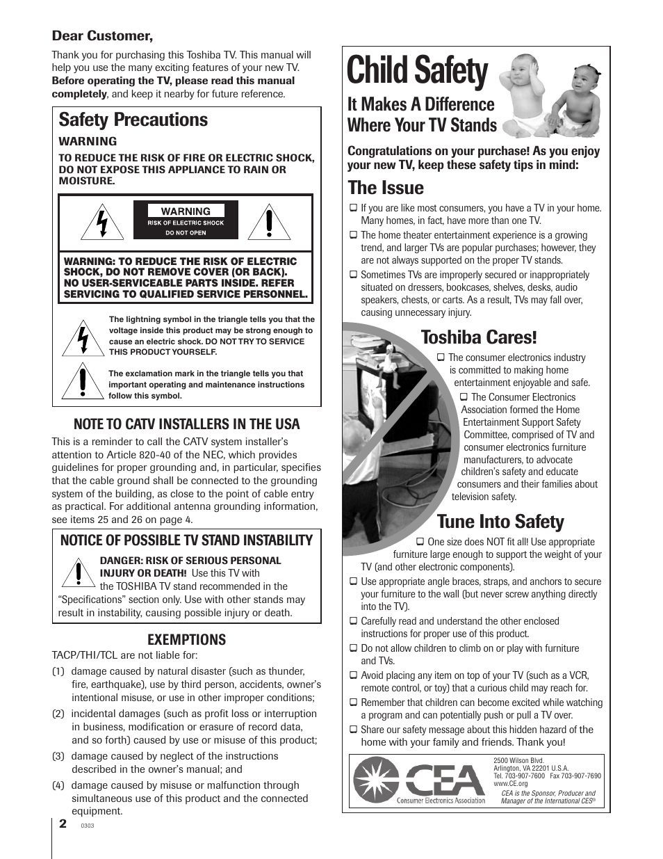 Child safety, It makes a difference where your tv stands, The issue | Toshiba cares, Tune into safety, Safety precautions, Notice of possible tv stand instability, Exemptions | Toshiba 32HF73 User Manual | Page 2 / 59