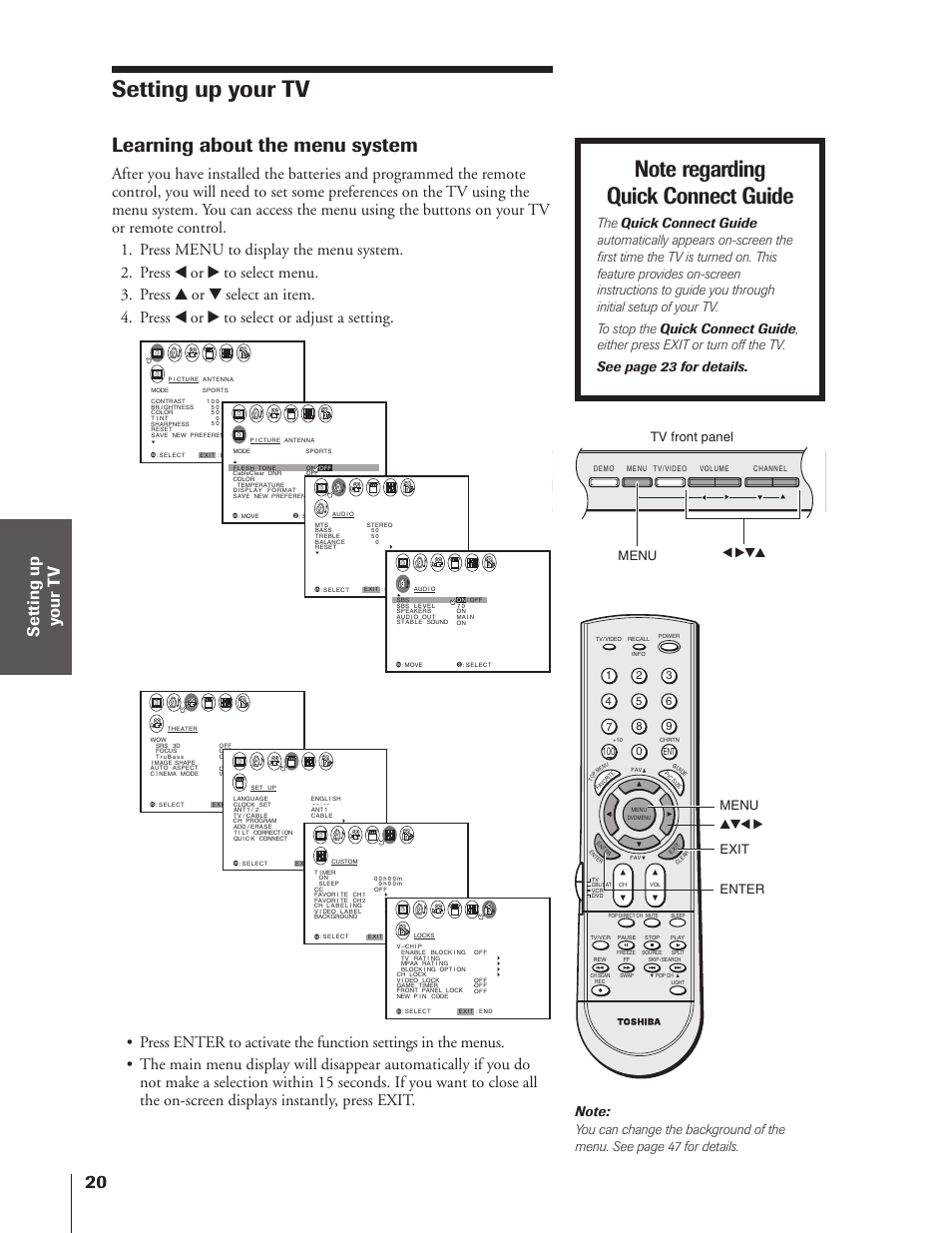 Setting up your tv, Learning about the menu system, Yzx • enter menu menu x •zy tv front panel | Exit | Toshiba 32HF73 User Manual | Page 20 / 59