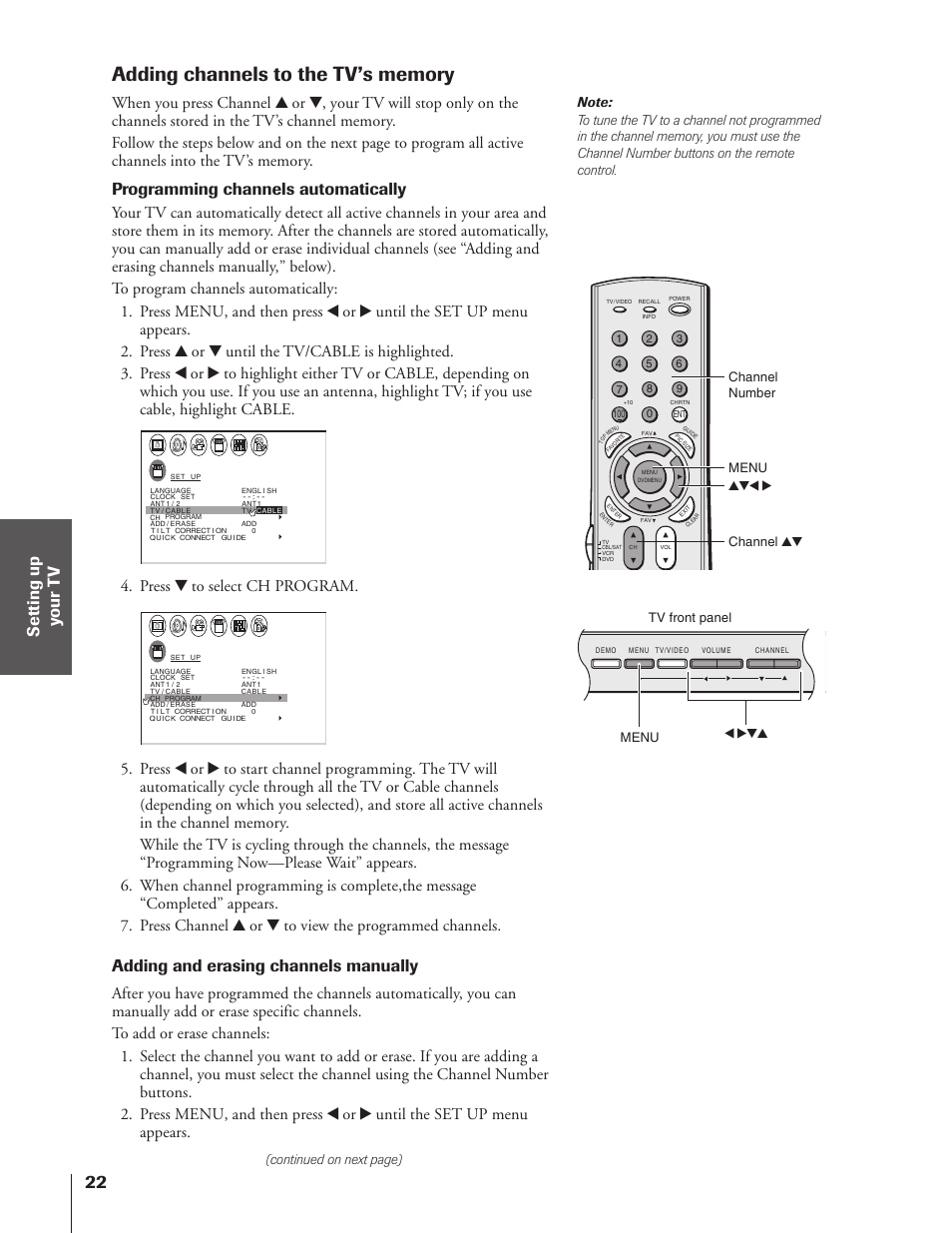 Programming channels automatically, Adding and erasing channels manually, Press z to select ch program | Toshiba 32HF73 User Manual | Page 22 / 59