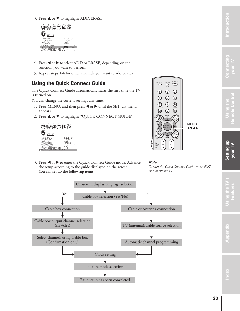 Using the quick connect guide, Press y or z to highlight add/erase, Yes no | Basic setup has been completed | Toshiba 32HF73 User Manual | Page 23 / 59