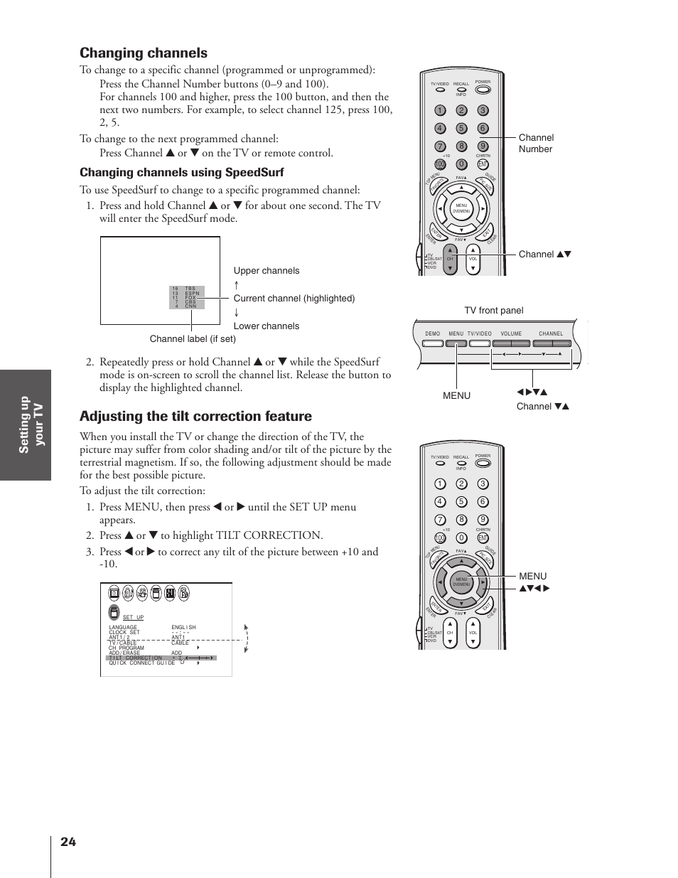 Changing channels, Adjusting the tilt correction feature, Changing channels using speedsurf | Channel yz channel number | Toshiba 32HF73 User Manual | Page 24 / 59