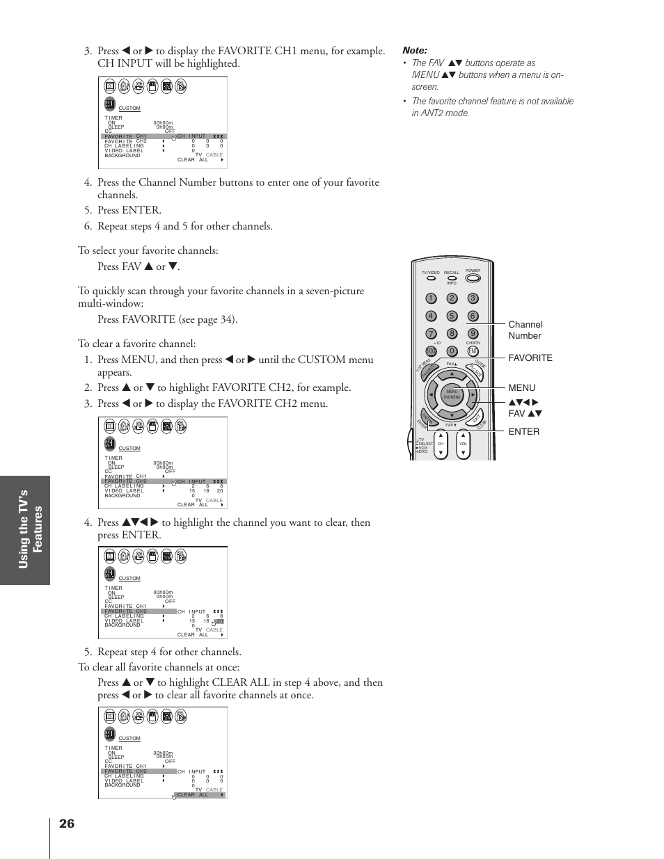 Buttons operate as menu, Channel number menu yzx • fav yz, Favorite enter | Toshiba 32HF73 User Manual | Page 26 / 59